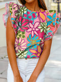 Vibrant Floral Print Trimmed Ruffle Sleeve Blouse