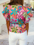 Vibrant Floral Print Trimmed Ruffle Sleeve Blouse