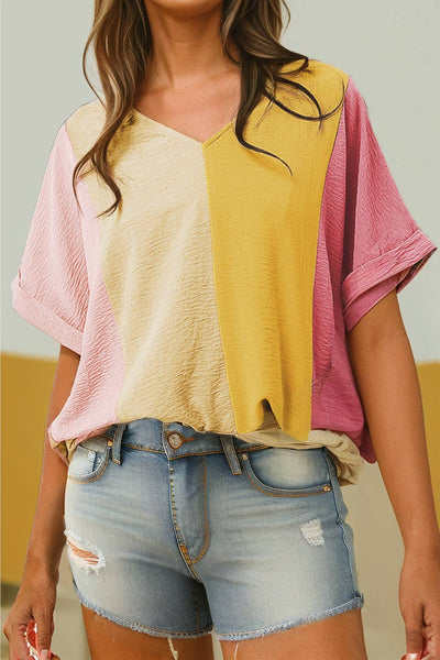 Women Textured Color Block V Neck Short Sleeve Top