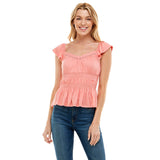 SMOCKED CAP SLEEVE PEPLUM TOP