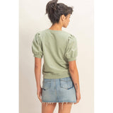Puff Sleeve V-Stitch Crew Neck Top