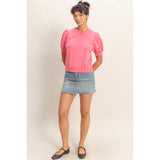 Puff Sleeve V-Stitch Crew Neck Top