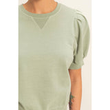Puff Sleeve V-Stitch Crew Neck Top
