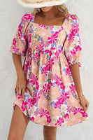 Women Fashion Floral Puff Sleeve Babydoll Mini Dress