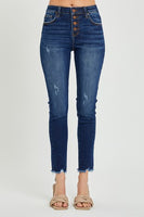 Risen Mid Rise Button Fly Raw Hem Skinny Jeans