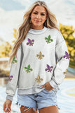 Sequin Mock Neck Reversible Wear Mardi Gras Sweatshirt