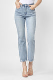Risen High Rise Raw Hem Straight Leg Jeans