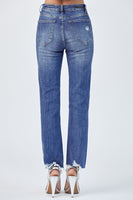 Risen High Rise Raw Hem Straight Leg Jeans