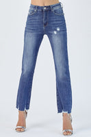 Risen High Rise Raw Hem Straight Leg Jeans