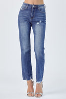 Risen High Rise Raw Hem Straight Leg Jeans