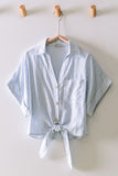 Striped Frpnt Tie Hem Roll Up Short Sleeve Shirt