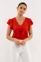 Scallop V-Neck Woven Top
