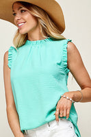 Solid Mock Neck With Ruffle Sleeveless Top