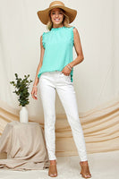 Solid Mock Neck With Ruffle Sleeveless Top