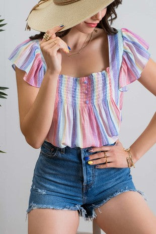 Multi-colored Ruffle Sleeve Top