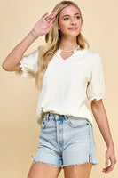 Solid Ruffled V Neck Detail Top