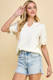 Solid Ruffled V Neck Detail Top