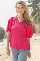 Solid Ruffled V Neck Detail Top