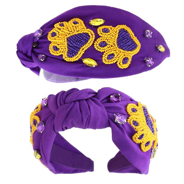 Game Day Beaded Paw Print Top Knot Headband