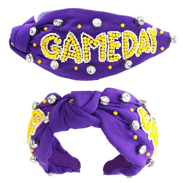 Game Day Beaded Purple and Gold Top Knot Headband