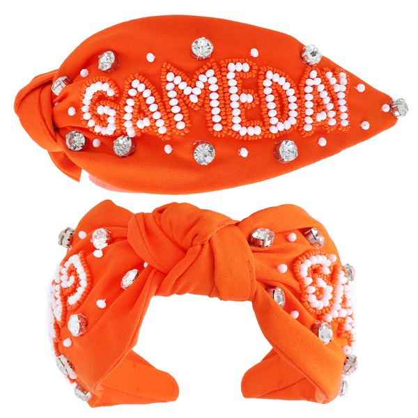 Game Day Beaded Orange and White Top Knot Headband