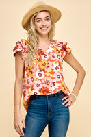 Floral V Neck Top with Triple Layered Sleeves