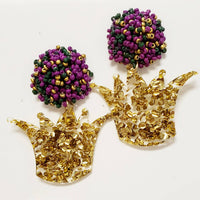 Crown, Gold Glitter, Mardi Gras, Acrylic Earrings Seed Bead