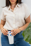 STRIPE COLLARED SHORT SLEEVE LINEN SHIRT