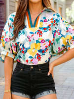 Floral Print Slit V Neck Short Sleeve Blouse