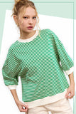 MCT7688-Loose Fit Striped Short Sleeve Crew Neckline Top