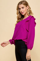 Texturized Jacquard Top with Ruffled Detailed Sleeves