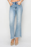 Risen High Rise Crop Flare Side Step Hem Jeans