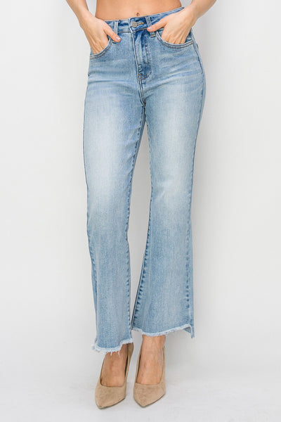 Risen High Rise Crop Flare Side Step Hem Jeans