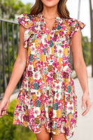 Women Floral Print V Neck Ruffled Sleeve Mini Dress