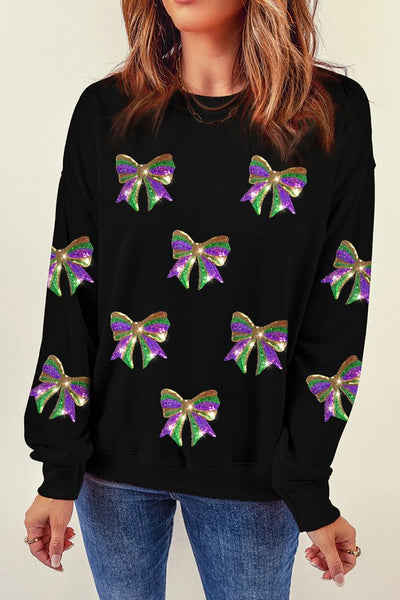 *Pre-Order* Mardi Gras Sequin Bow Long Sleeve Top