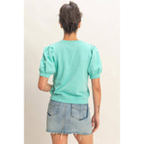 Puff Sleeve V-Stitch Crew Neck Top