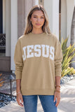 JESUS Letter Patch Graphic Exposed Seam Mock Neck Sweatshirt