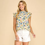 Floral Ruffle Sleeve High Neck Top