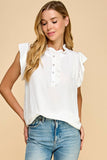 Solid Top with Ruffled Sleeves and Button Detail