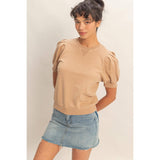 Puff Sleeve V-Stitch Crew Neck Top