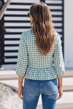 Plaid 3/4 Sleeve Shirred Peplum Top