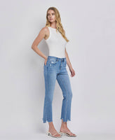 HIGH RISE UNEVEN RAW HEM KICK FLARE JEANS