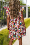 Women Floral Print V Neck Ruffled Sleeve Mini Dress