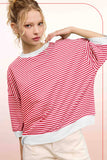 MCT7688-Loose Fit Striped Short Sleeve Crew Neckline Top
