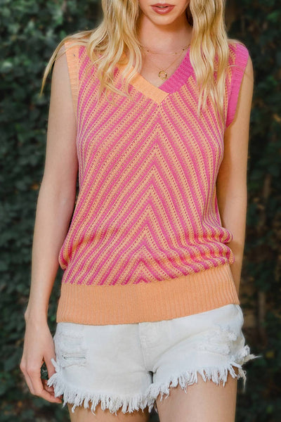 Women Strawberry Contrast Chevron Knit Sweater Vest