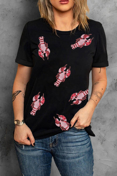 Sequined Crayfish Round Neck Graphic Tee