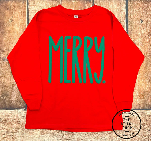 Youth Gildan Long Sleeve Red with Green Puff Merry Shirt