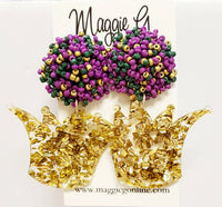 Crown, Gold Glitter, Mardi Gras, Acrylic Earrings Seed Bead