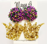 Crown, Gold Glitter, Mardi Gras, Acrylic Earrings Seed Bead