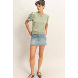 Puff Sleeve V-Stitch Crew Neck Top